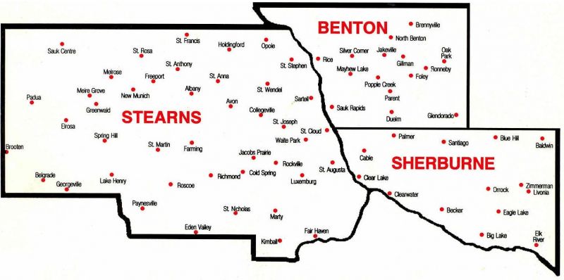 Map of Minnesota Counties of Sherburne, Benton, and Stearns.